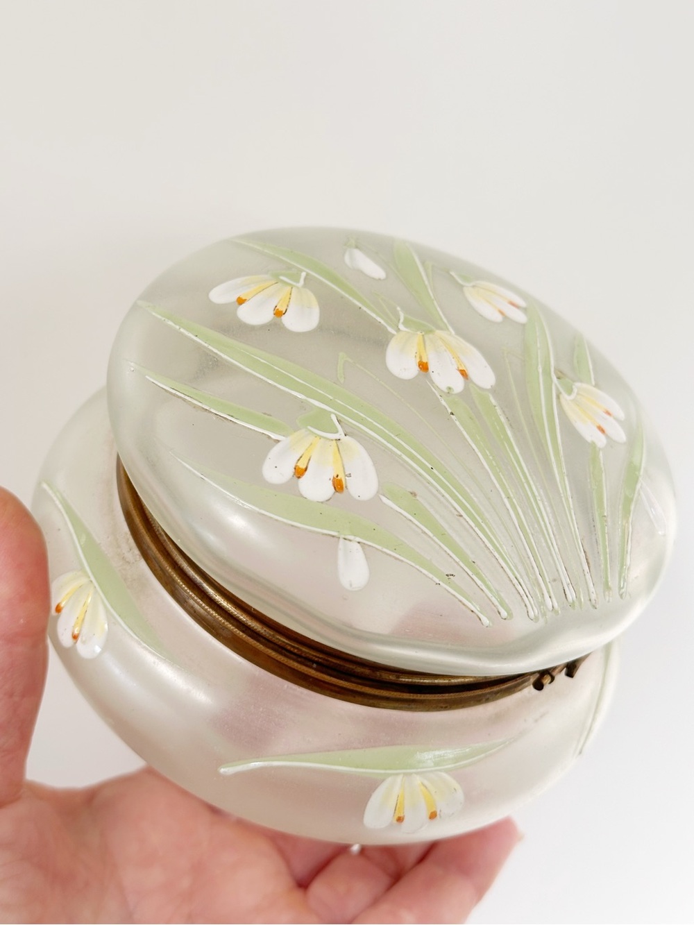 Antique Victorian Hand Enameled Frosted Art Glass Jewelry Vanity Box Circa 1900